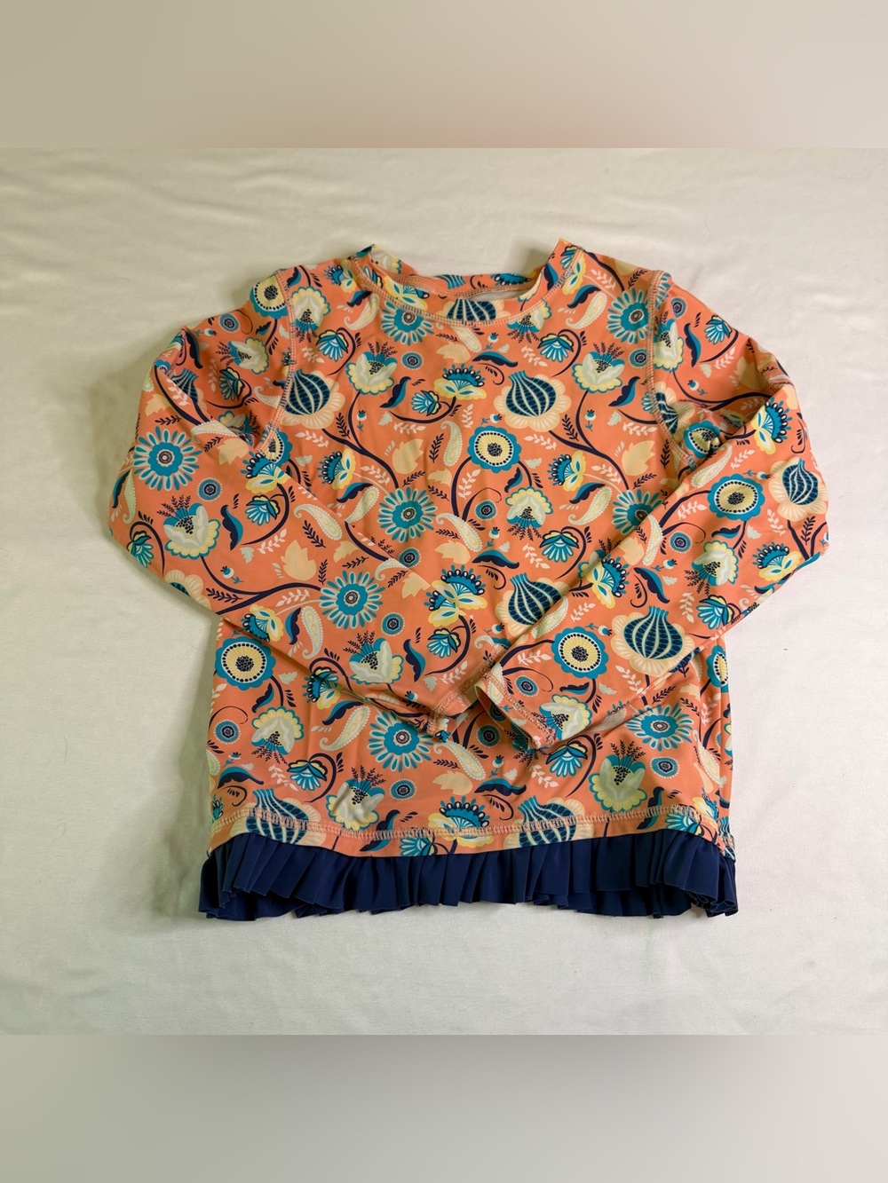 RuffleButts Girls Long Sleeve Floral Ruffle Hem Rash Guard Swim Top Size 10 Vaca